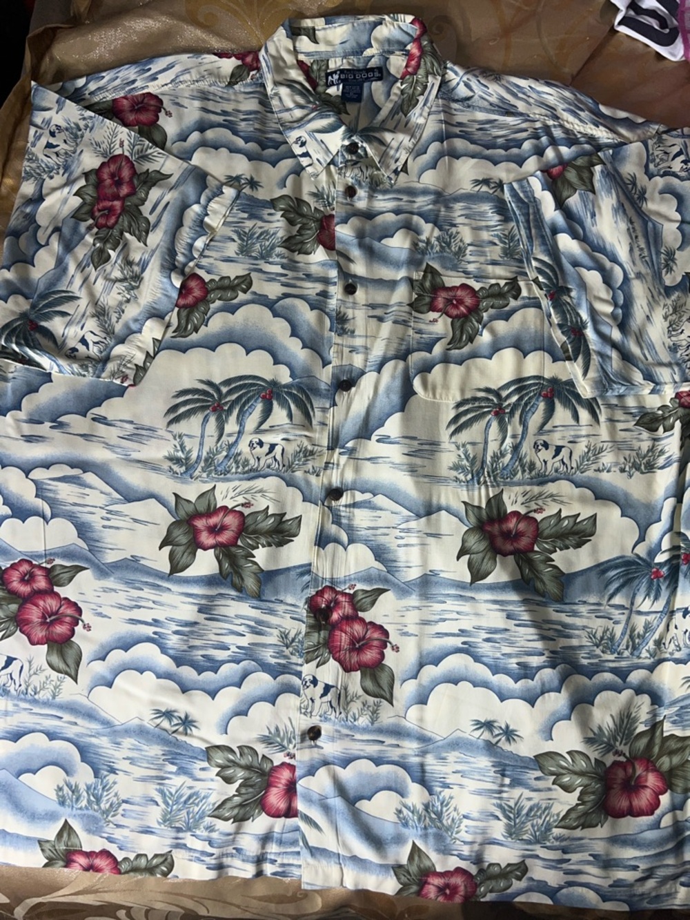 VINTAGE Big Dogs Hawaiian Shirt 4X Scenic Dog Beach & Hibiscus Print